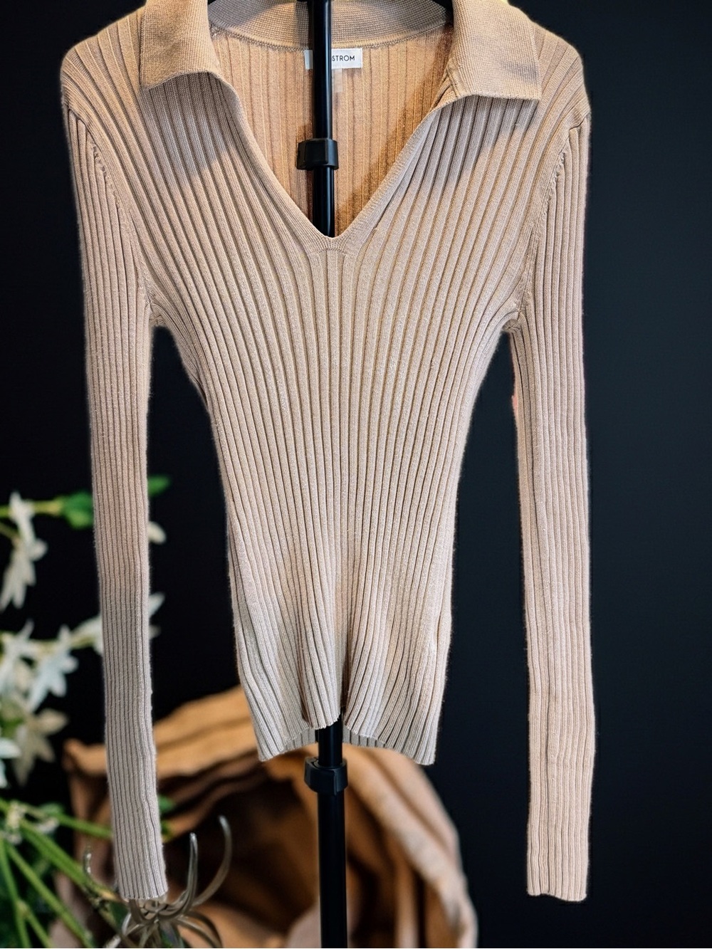 Nordstrom Beige Ribbed Johnny Collar Polo Sweater Size Medium